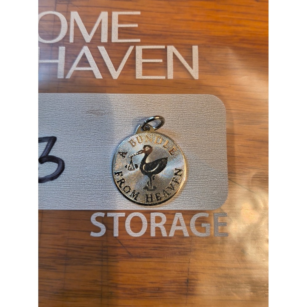 Vintage A Bundle From Heaven Stork Baby Charm Pendant Gold Tone Medallion Disc